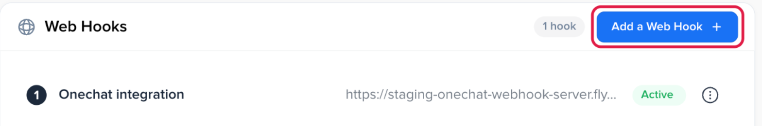 The Web Hooks card in Crisp with the Add a Web Hook button highlighted