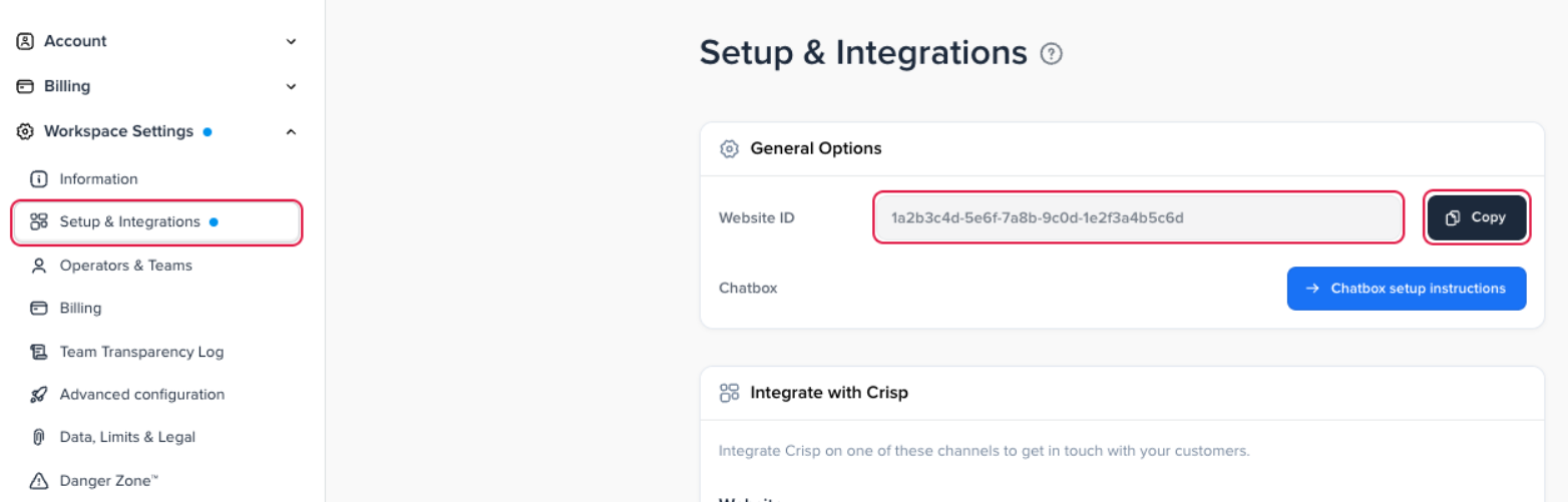 The Crisp settings menu with Setup &amp; Integrations selected, and the Website ID field and its Copy button highlighted on the General Options card