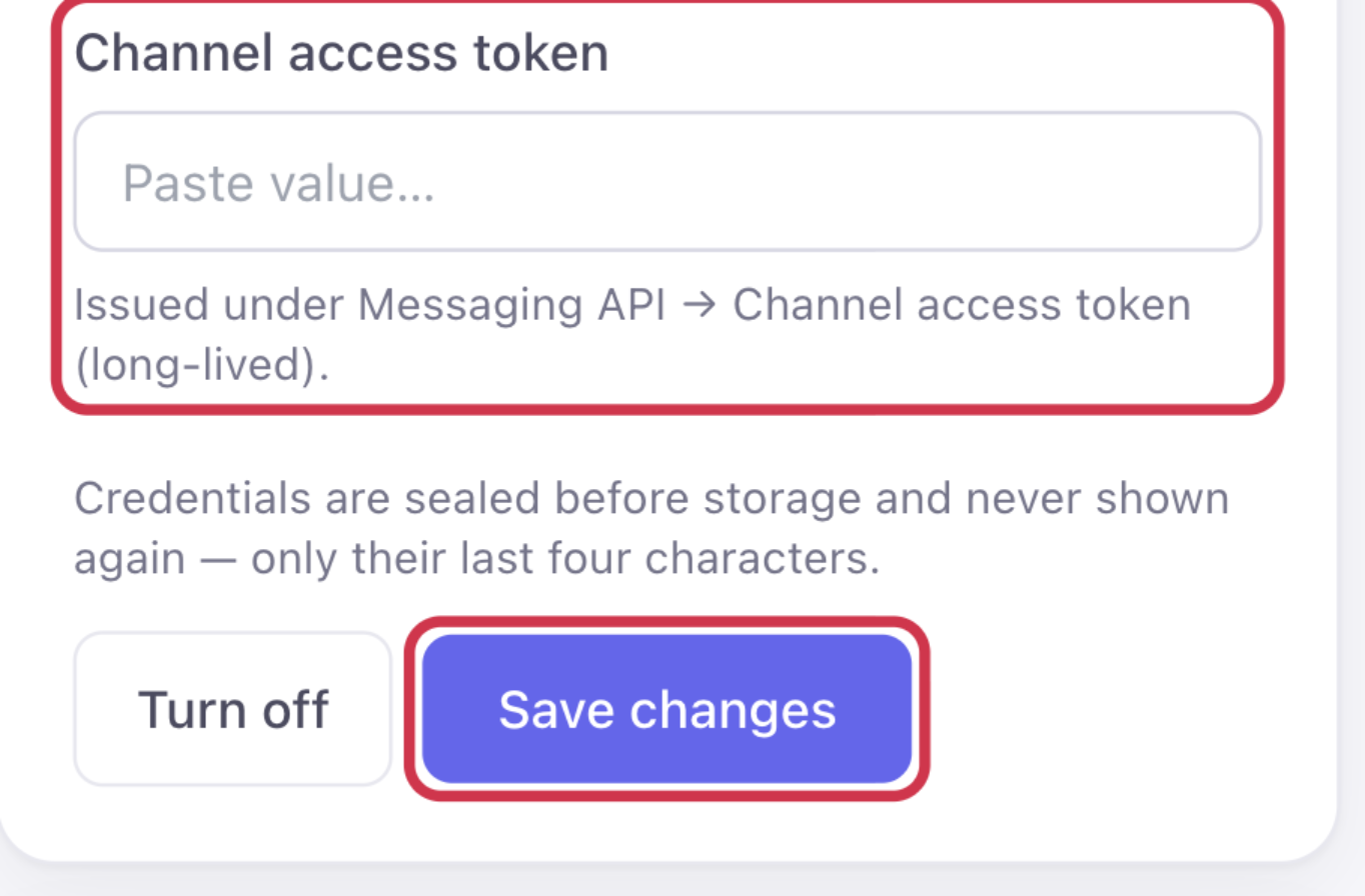 The Credentials section in OneChat with the Channel access token field and the connect button highlighted