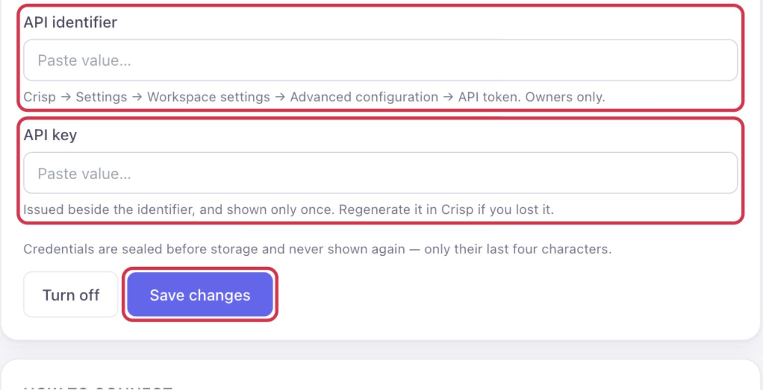 The Credentials section in OneChat with the API identifier and API key fields and the connect button highlighted