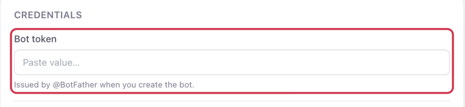 The Credentials section in OneChat with the Bot token field highlighted