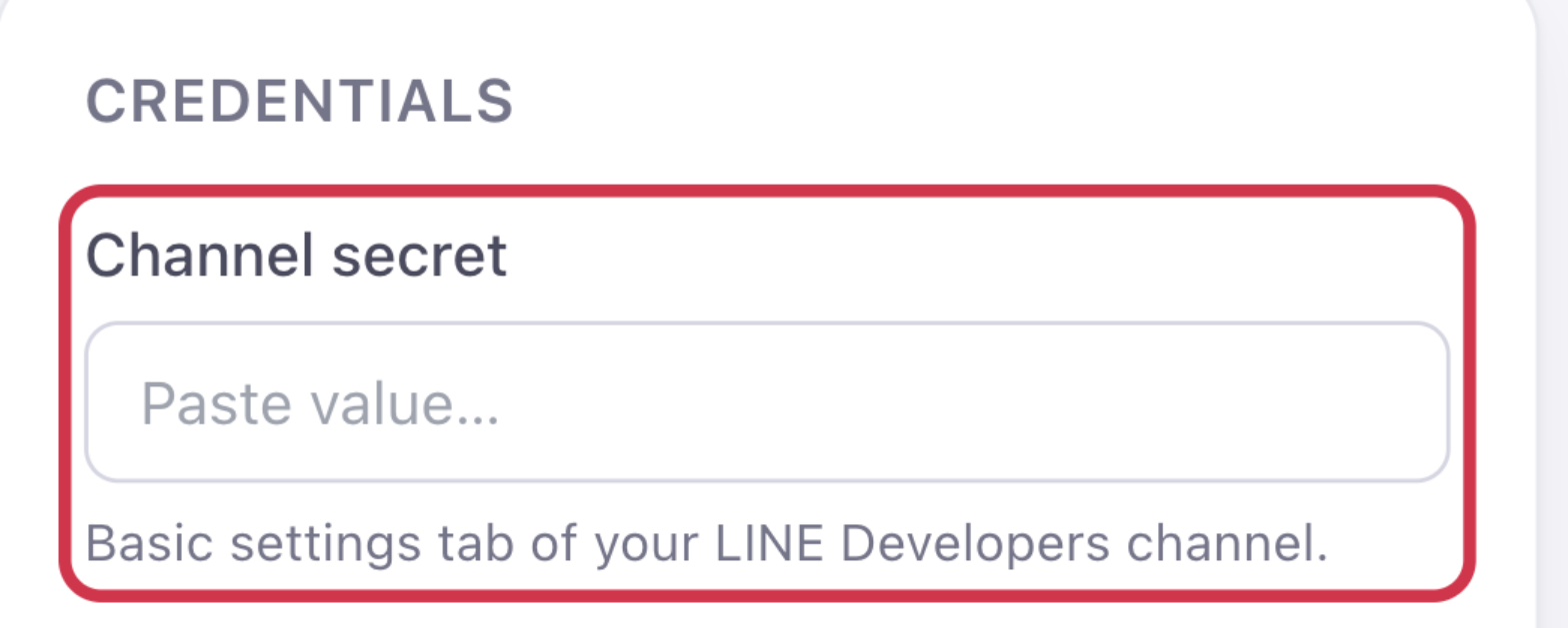 The Credentials section in OneChat with the Channel secret field highlighted