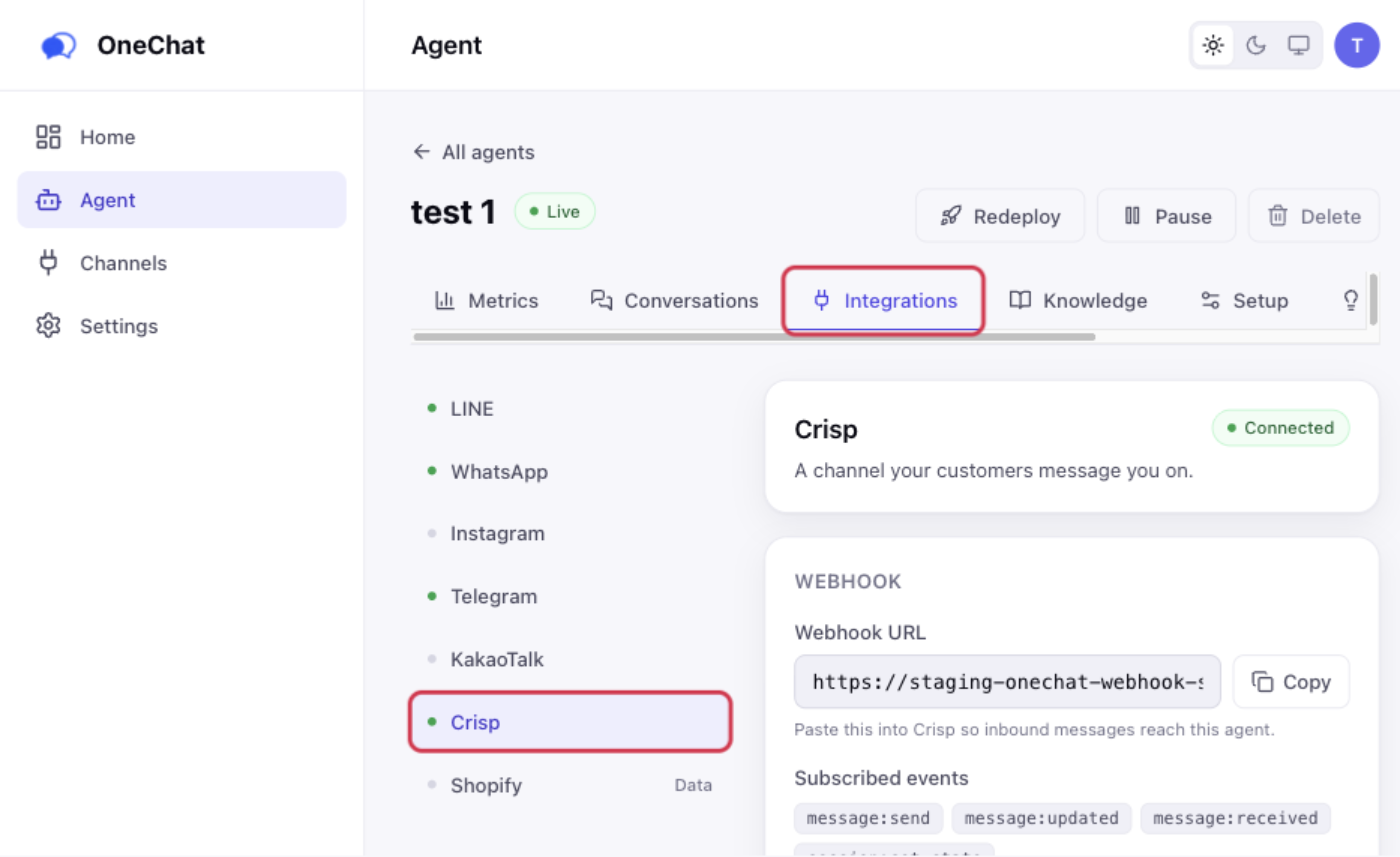 The OneChat agent page with the Integrations tab and the Crisp channel highlighted