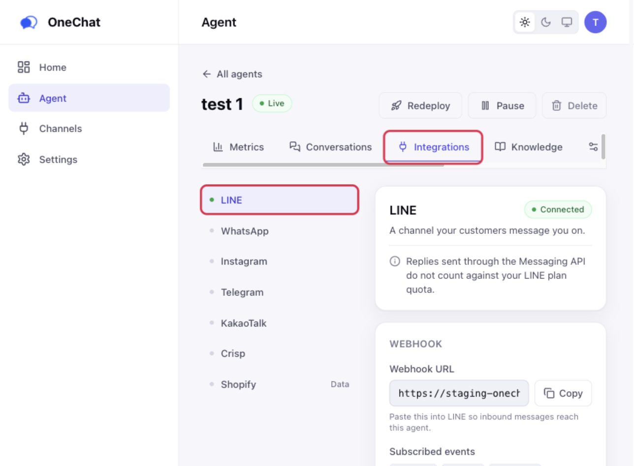 The OneChat agent page with the Integrations tab and the LINE channel highlighted