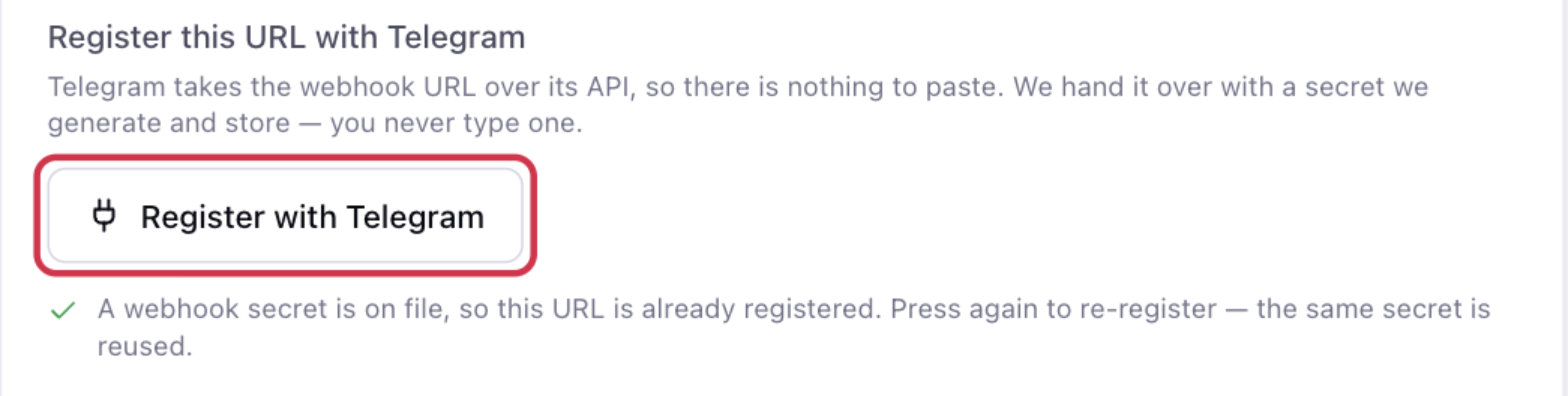The Register this URL with Telegram section in OneChat, with the Register with Telegram button highlighted