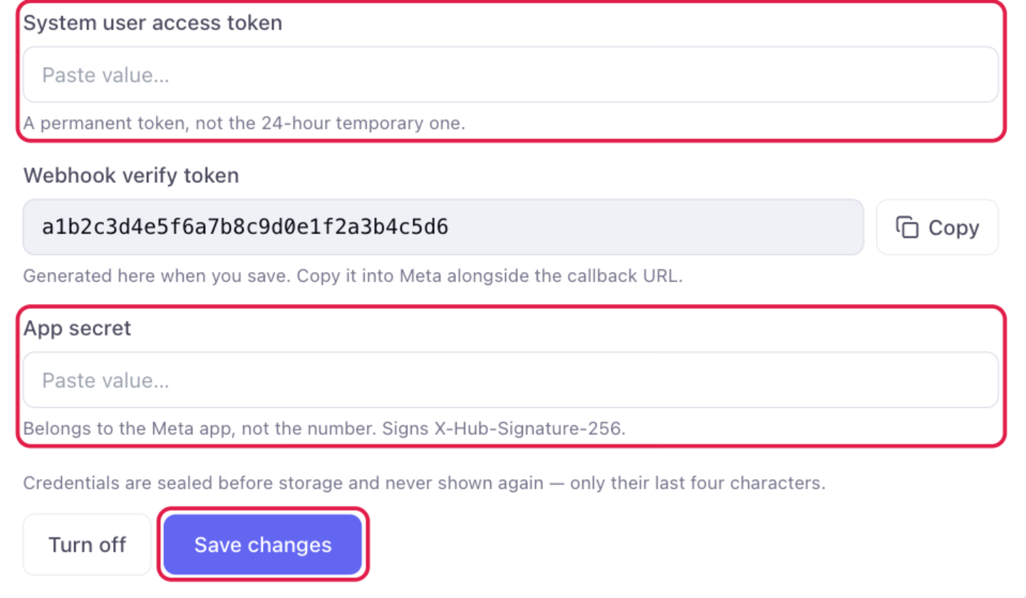 The Credentials section in OneChat with the system user access token and app secret fields and the connect button highlighted