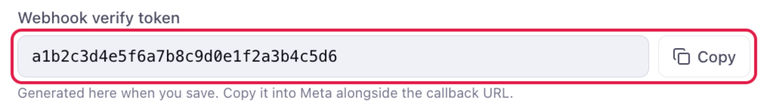The generated Webhook verify token in OneChat, with its Copy button highlighted