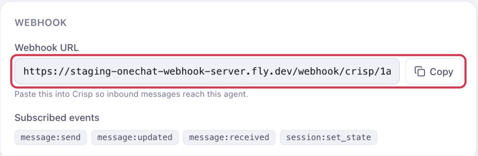 The Webhook section of the Crisp panel in OneChat, with the Webhook URL field and its Copy button highlighted