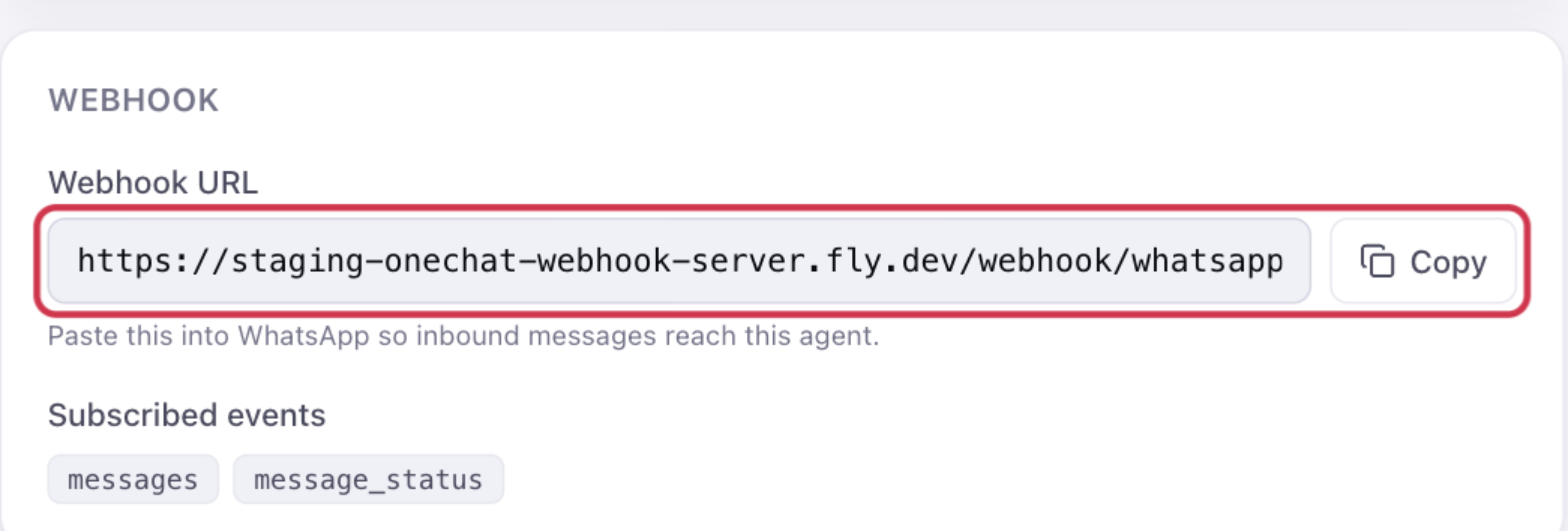 The Webhook section of the WhatsApp panel in OneChat, with the Webhook URL field and its Copy button highlighted