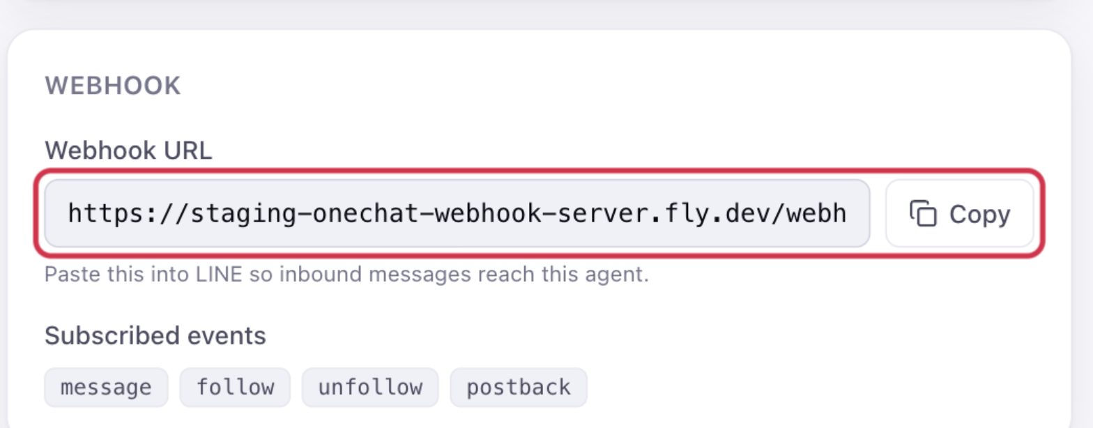 The Webhook section of the LINE panel, with the Webhook URL field and its Copy button highlighted