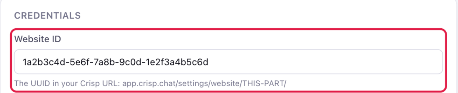 The Credentials section in OneChat with the Website ID field highlighted