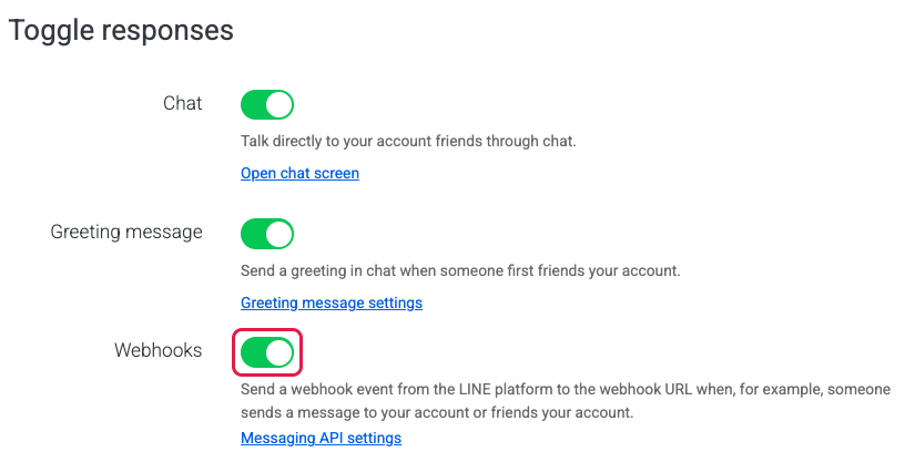 Toggle responses in the LINE Official Account Manager with the Webhooks switch highlighted and on