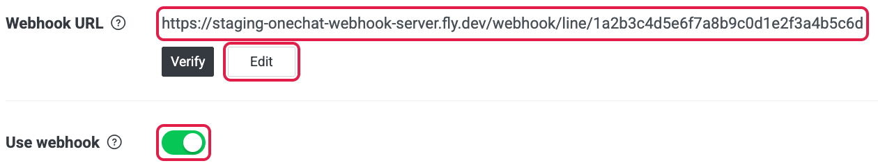 Webhook settings in the LINE Developers Console with the Webhook URL, its Edit button and the Use webhook toggle highlighted